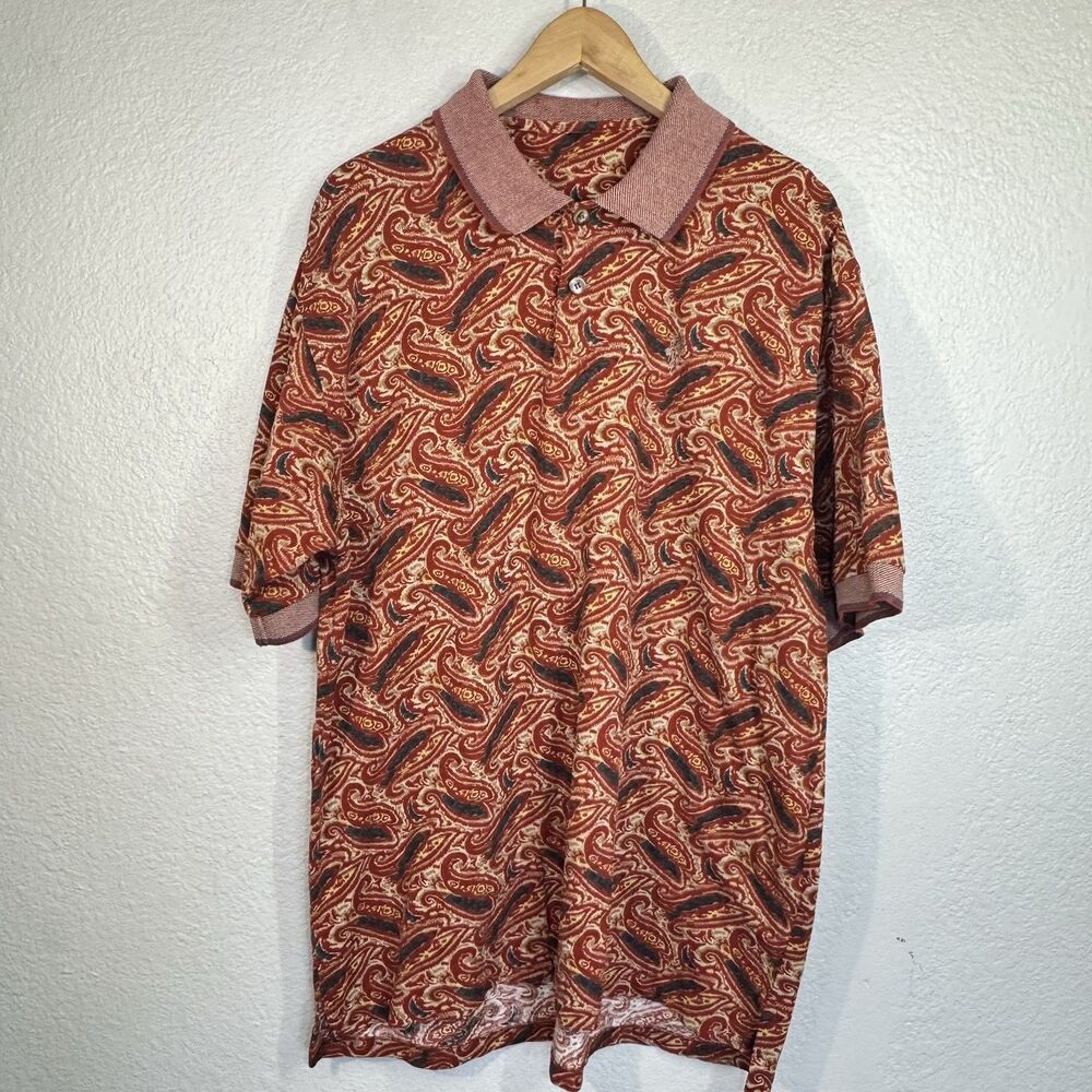 VTG 90s Ashford Polo Shirt Red Paisley Print Golf Active Outdoor USA Made Men XL